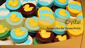  Presentation with cookies - Beautiful slide set featuring baby boy babyshower - colorful cookies with ducks design backdrop and a  colored foreground