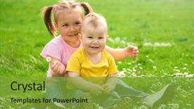  Presentation with meadow - Cool new PPT theme with baby boy girl - two children are sitting backdrop and a gold colored foreground