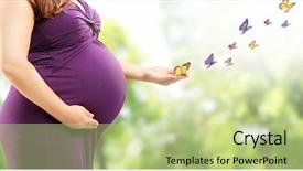  Presentation with pregnant woman cleaning - PPT theme with baby butterfly - pregnant woman holding her belly background and a mint green colored foreground