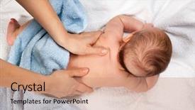  Presentation with infant care - Presentation design consisting of baby care - masseuse massaging 5 months infant background and a coral colored foreground