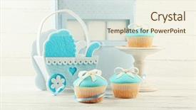  Presentation with baby shoes - Beautiful presentation featuring baby carriage and photo album backdrop and a cream colored foreground