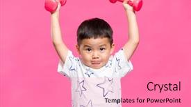  Presentation with phrase keep raising the bar - Slides enhanced with baby chinese - little boy raising up dumbbells background and a coral colored foreground