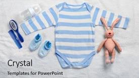  Presentation with baby clothes - PPT theme consisting of baby clothes and necessities on white towel background background and a light blue colored foreground