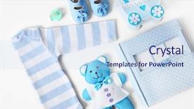  Presentation with photo album - PPT layouts with boy wearing dress - baby clothes with toys background and a sky blue colored foreground