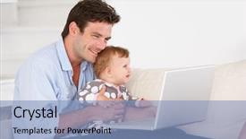  Presentation with young man holdng laptop on lap money - Presentation having super computer - busy father working on laptop background and a light blue colored foreground