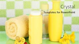  Presentation with cosmetics - Slide set with baby cosmetics and towel in bathroom on green tile wall background background and a blonde colored foreground