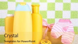  Presentation with cosmetics - Audience pleasing PPT theme consisting of baby cosmetics and towel in bathroom on green tile wall background backdrop and a yellow colored foreground