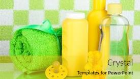  Presentation with tile - Slide set consisting of baby cosmetics and towel in bathroom on green tile wall background background and a yellow colored foreground