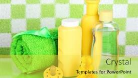 Presentation with cosmetics - Slide deck consisting of baby cosmetics and towel in bathroom on green tile wall background background and a yellow colored foreground