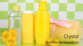  Presentation with tile - Theme enhanced with baby cosmetics and towel in bathroom on green tile wall background background and a yellow colored foreground