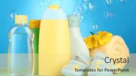  Presentation with cosmetics - Presentation design consisting of baby cosmetics towel and boots background and a  colored foreground