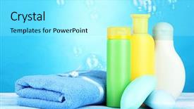  Presentation with cosmetics - Theme enhanced with baby cosmetics towel and soap on wooden table on blue background background and a arctic colored foreground