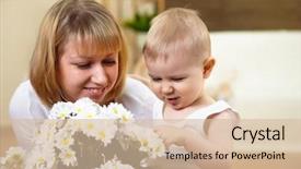  Presentation with white flowers - Colorful PPT theme enhanced with baby day care - little boy anf his mother backdrop and a lemonade colored foreground