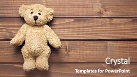  Presentation with teddy bear - Slide deck enhanced with baby dolls - teddy bear on wooden table background and a coral colored foreground