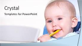  Presentation with baby sitting - PPT layouts enhanced with baby eat - beautiful happy toddler with spoon background and a pink colored foreground