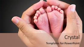  Presentation with mother baby - Slide set with baby feet in mother hands background and a coral colored foreground