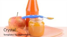  Presentation with baby food - PPT theme featuring baby food with carrot and apple in glass jars isolated on white background and a coral colored foreground