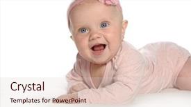  Presentation with baby fashion - Amazing presentation design having baby girl child lying down on white blanket smiling happy pink fashion portrait face studio shot isolated on white caucasian backdrop and a lemonade colored foreground