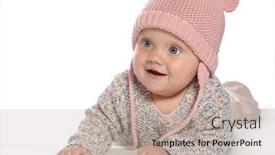  Presentation with baby fashion - Presentation theme consisting of baby girl child lying down on white blanket smiling happy pink warm hat fashion portrait face studio shot isolated on white caucasian background and a mint green colored foreground