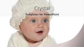  Presentation with baby fashion - PPT theme enhanced with baby girl child sitting down on white blanket smiling happy in white warm clothing hat fashion portrait face studio shot isolated on white caucasian background and a white colored foreground