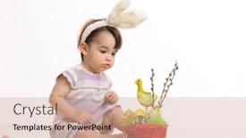  Presentation with baby girl welcome - Theme with baby girl in easter bunny costume isolated on white background background and a coral colored foreground