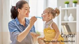  Presentation with happy baby - PPT theme featuring baby girl with a spoon background and a coral colored foreground