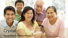  Presentation with family - Slide set consisting of baby grandma - asian family portrait background and a coral colored foreground