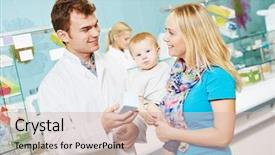  Presentation with woman child - Beautiful presentation featuring baby health - cheerful pharmacist chemist man giving backdrop and a soft green colored foreground