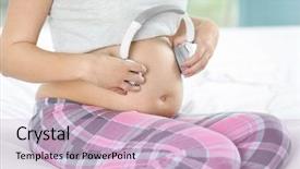  Presentation with pregnant woman - PPT layouts with baby hearing - pregnant woman holding headphones background and a lemonade colored foreground