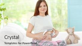  Presentation with pregnant woman in hospital - Beautiful presentation theme featuring baby hearing - pregnant woman holding headphones backdrop and a light gray colored foreground