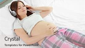 Presentation with music headphones - Presentation having baby hearing - pregnant woman listening to music background and a soft green colored foreground