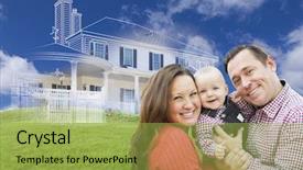  Presentation with rolling hills - Slide deck having baby layout - happy family with ghosted house background and a yellow colored foreground