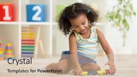  Presentation with hipster girl playing tetris game - Slide deck consisting of baby nursery - kid girl playing toys background and a coral colored foreground