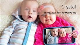  Presentation with cell - PPT theme having baby pictures - twins taking selfie background and a coral colored foreground