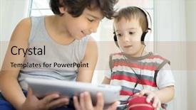  Presentation with two small brothers - PPT theme enhanced with baby playing music - two brothers with tablet background and a  colored foreground