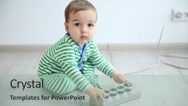  Presentation with electric distribution substation power - Audience pleasing PPT layouts consisting of baby playing with electric power backdrop and a mint green colored foreground
