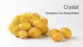  Presentation with ripe golden potato on white - Cool new presentation design with baby potatoes in netting sack backdrop and a white colored foreground