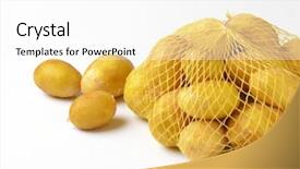  Presentation with ripe golden potato on white - Presentation theme having baby potatoes in netting sack background and a white colored foreground