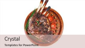  Presentation with ribs - Audience pleasing theme consisting of baby ribs served on wood over white backdrop and a soft green colored foreground