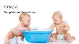  Presentation with shampoo - Slide set with baby shampoo - blue basin and two babies background and a white colored foreground