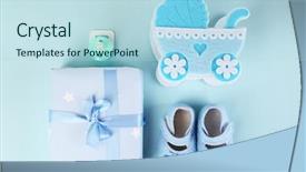  Presentation with baby shoes - Audience pleasing PPT theme consisting of baby shoes with baby equipment backdrop and a light blue colored foreground