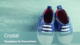  Presentation with baby shower baby shoes - Beautiful PPT theme featuring toddler shoes on wooden background backdrop and a seafoam green colored foreground