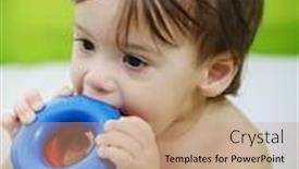  Presentation with baby sitting - Beautiful presentation theme featuring baby sitting on bed playing with toys backdrop and a coral colored foreground