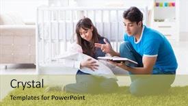  Presentation with new parents baby and dr - Presentation design having baby sitting on the carpet background and a yellow colored foreground