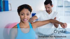  Presentation with shoulder - Amazing theme having baby spine - physiotherapist examining womans shoulder backdrop and a  colored foreground