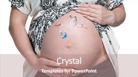  Presentation with pregnant woman - Slide set consisting of baby stork - tummy of pregnant woman background and a  colored foreground