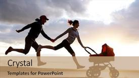  Presentation with running women shoes silhouette - Amazing PPT layouts having baby strollers - silhouettes of happy parents are backdrop and a coral colored foreground