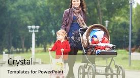  Presentation with walking young wild jaguar - Slide deck enhanced with baby strollers - smiling young mother walking background and a soft green colored foreground