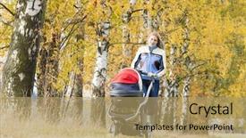  Presentation with baby walk - Beautiful PPT theme featuring baby strollers - woman with a pram backdrop and a coral colored foreground