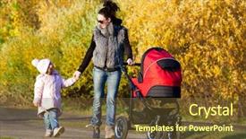  Presentation with young children at school - PPT theme having baby strollers - young mum walks with children background and a tawny brown colored foreground